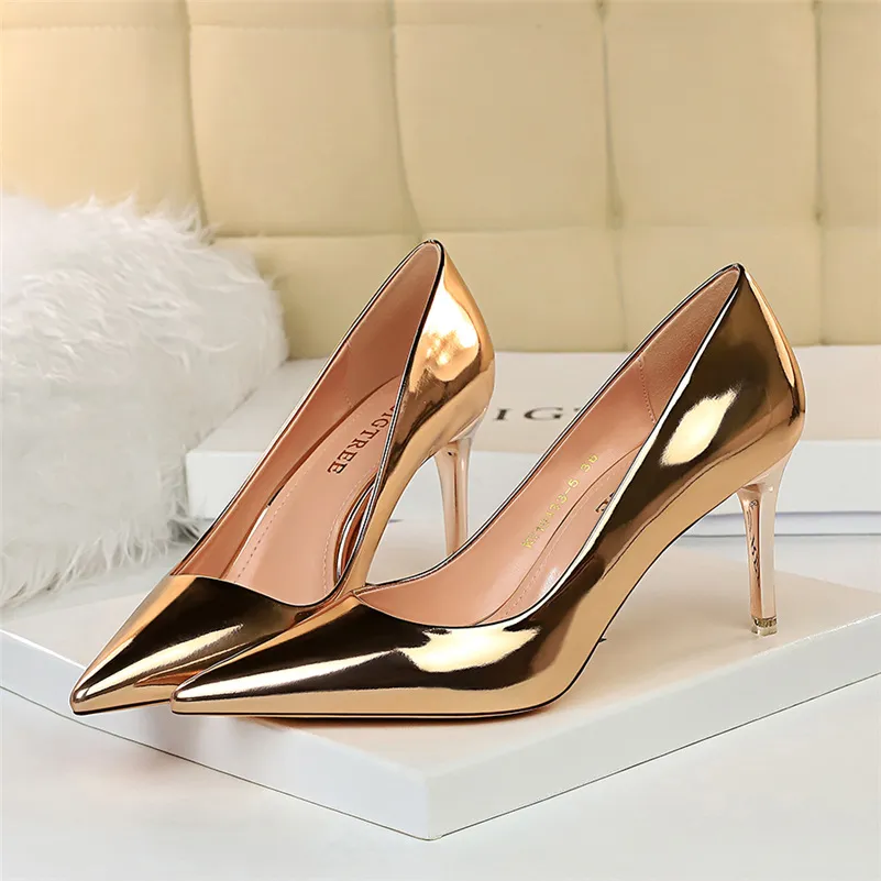 Women Patent Leather Pumps 7.5cm 10.5cm High Heels Lady Stiletto Low Heels Wedding Bridal Mteallic Silver Gold Sparkly Shoes - Deanwangkt