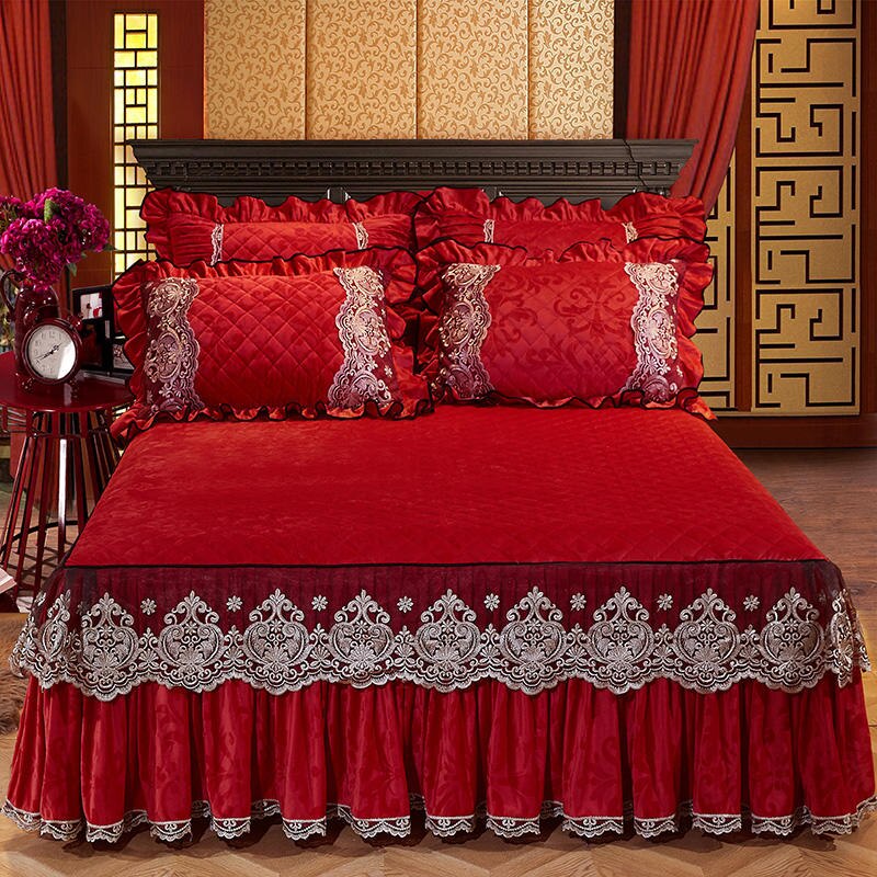 HULIANFU Velvet Warm Quilted Bedding Bed Skirt Pillowcases Home Textile Princess Thick Bedspread Lace Bedsheet Mattress Cover With Cotton - Deanwangkt