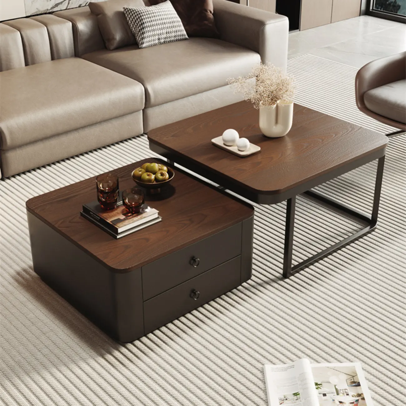 Modern Square Wood Stone Nesting Coffee Table