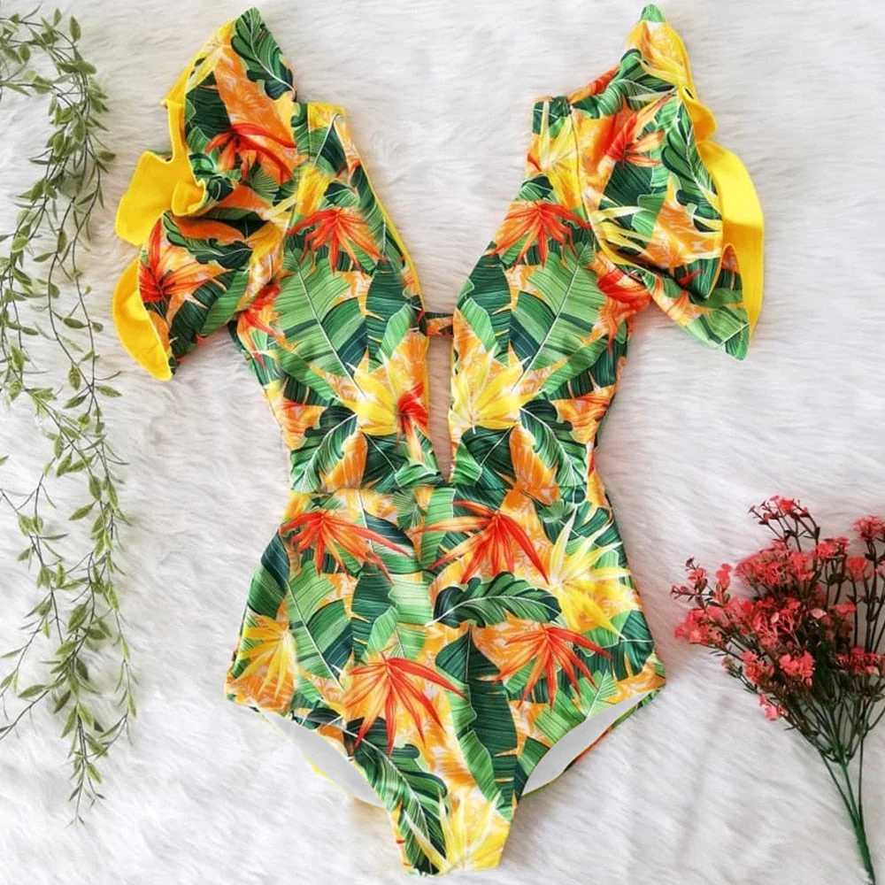New Sexy Ruffle Print Floral One Piece Swimsuit Off The Shoulder Swimwear Women Solid Deep-V Beachwear Bathing Suit Monkini - Deanwangkt