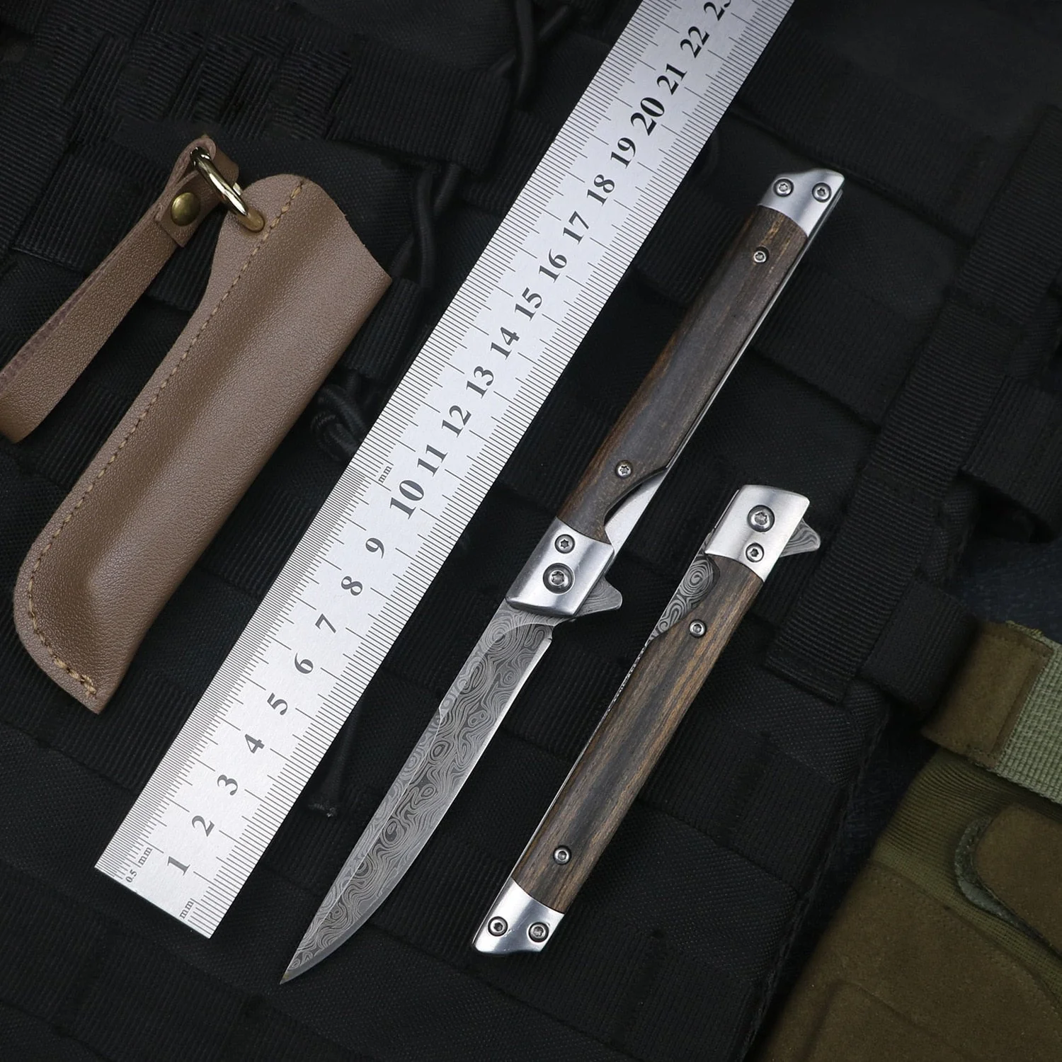 HULIANFU M390 Steel Folding Knife with Holster Wooden Handle Damascus Pattern High Hardness Outdoor Hunting Knife  Camping Survival Tools - Deanwangkt