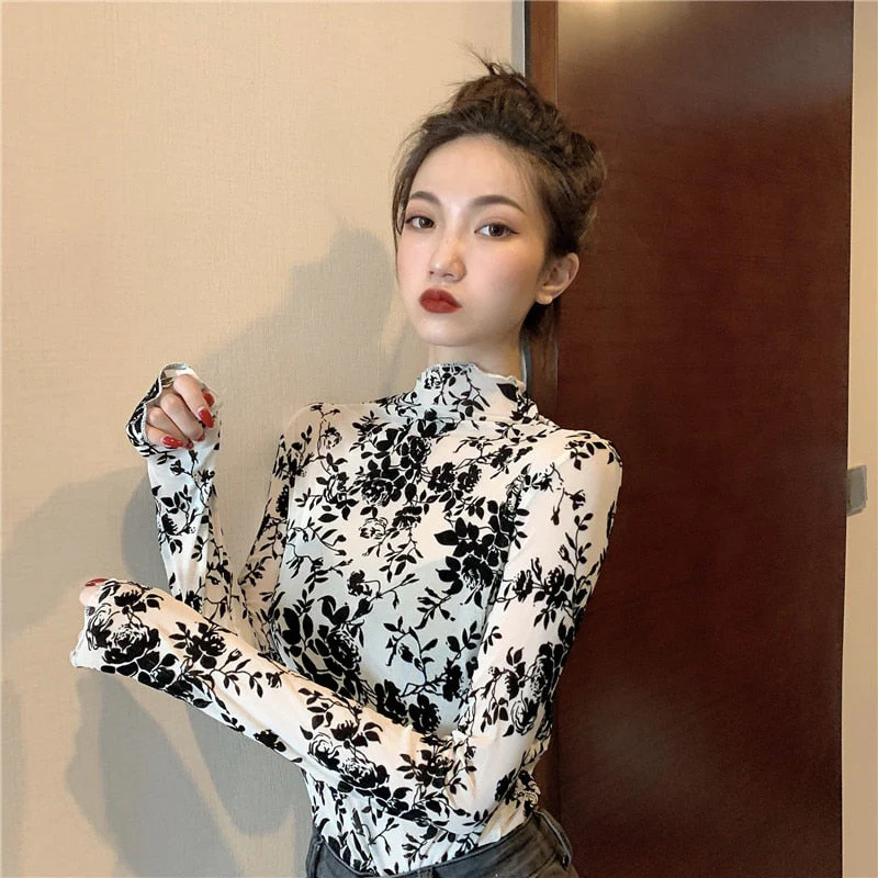 Hulianfu Girls Transparent Corduroy Printing Mesh T-Shirts Tees Female Turtleneck Full Sleeve Tshirt Tops For Women - Deanwangkt