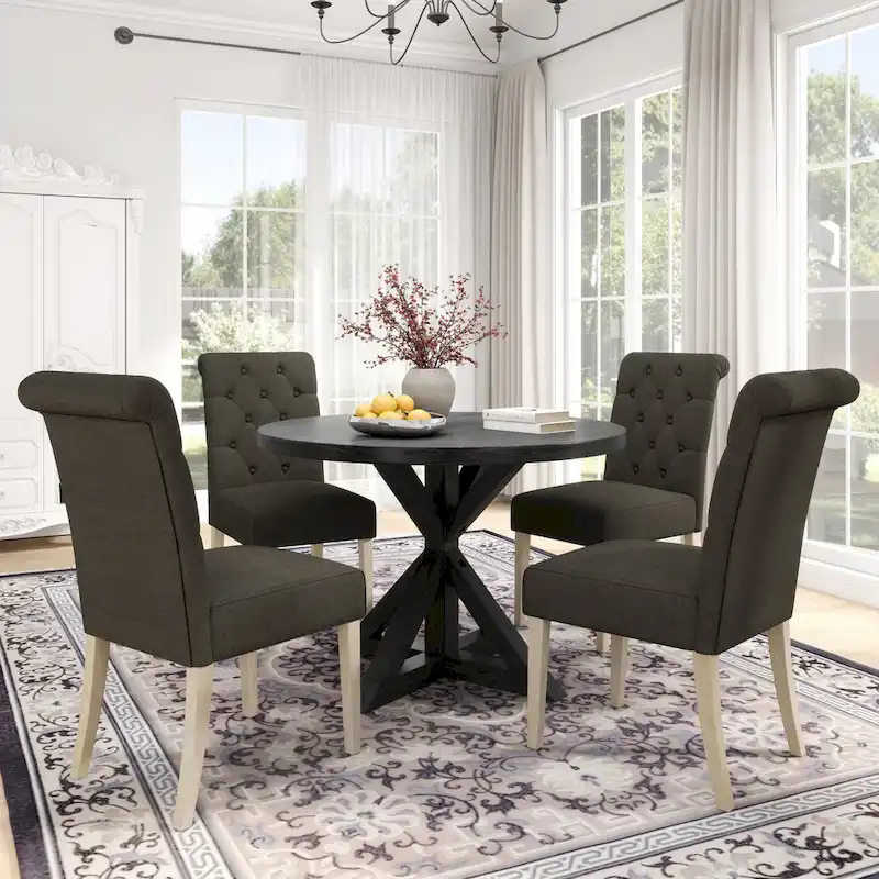 5 Piece Dining Table Set, Wooden Kitchen Furniture Set, Round Table with Cross-Buck Pedestal Base and 4 Tufted Chairs