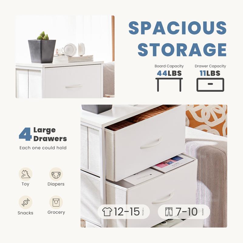 Cupboards Cabinets Dresser for Bedroom, Storage Drawers, Fabric Storage Tower with 4 Drawers, Organizer Unit, with Wooden Top for Closet,  Living Room