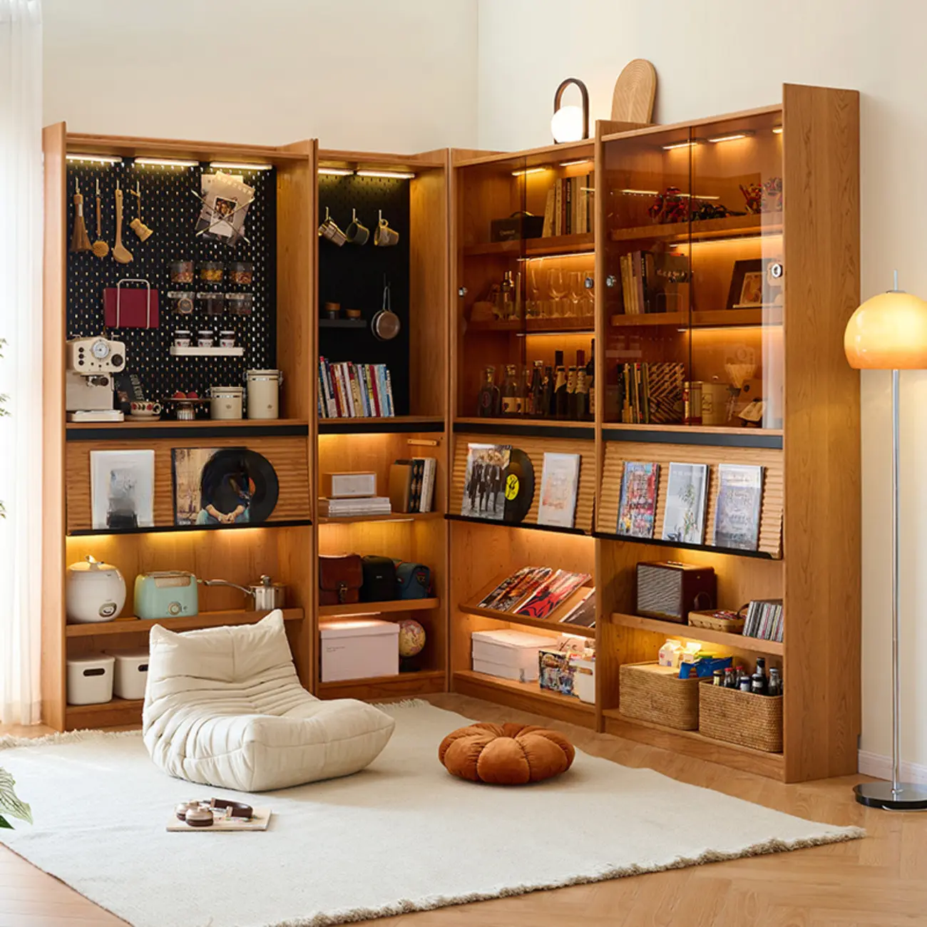 Adjustable Solid Wood Brown Display Cabinet with Light