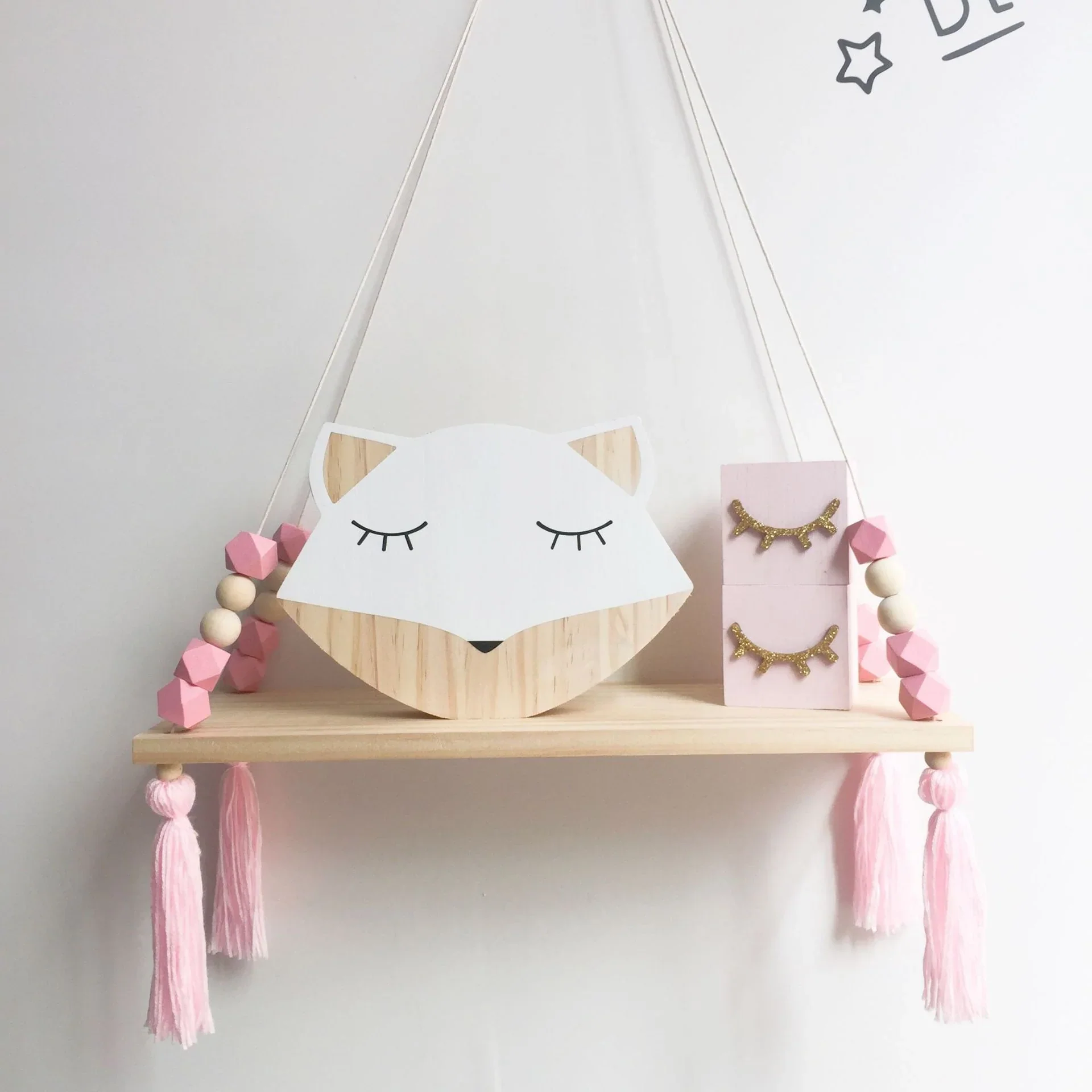 HULIANFU Nordic Nursery & Kids Decor Tassels Storage Shelf Rack Wall Hanging Wood Toys Model Baby Kid Room Furnish Artic Home Decoration - Deanwangkt