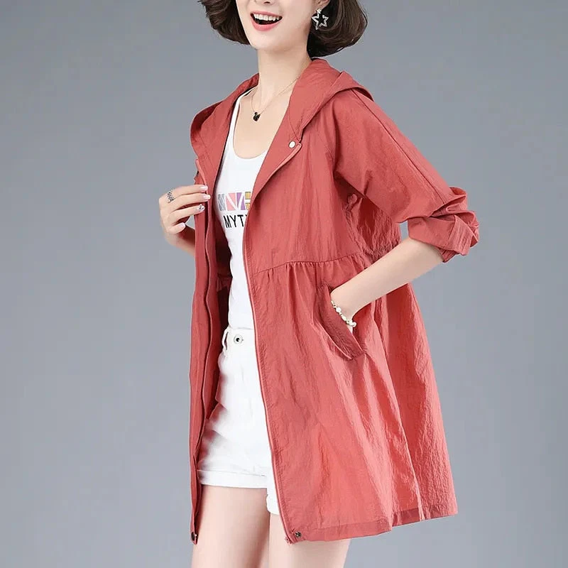 Hulianfu New Summer Medium Long Sun Protection Clothing Female Thin Jacket Loose Hooded  Coat Sun Protection Windbreaker Women - Deanwangkt