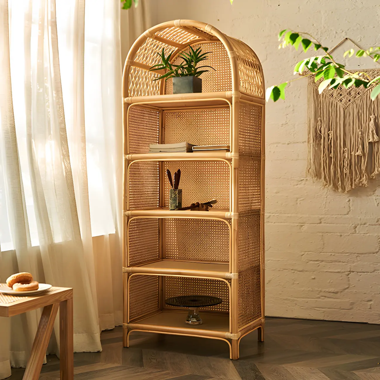 Light Wood Arch Rattan Bookshelf 5-Tier Bookcase