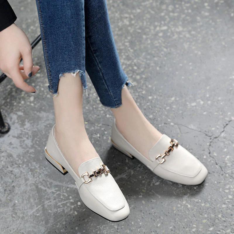 Women All-match Square Head Thick Heel Shallow Mouth Flat British Small Leather Shoes Ladies Soft Leather Non-slip Loafers - Deanwangkt