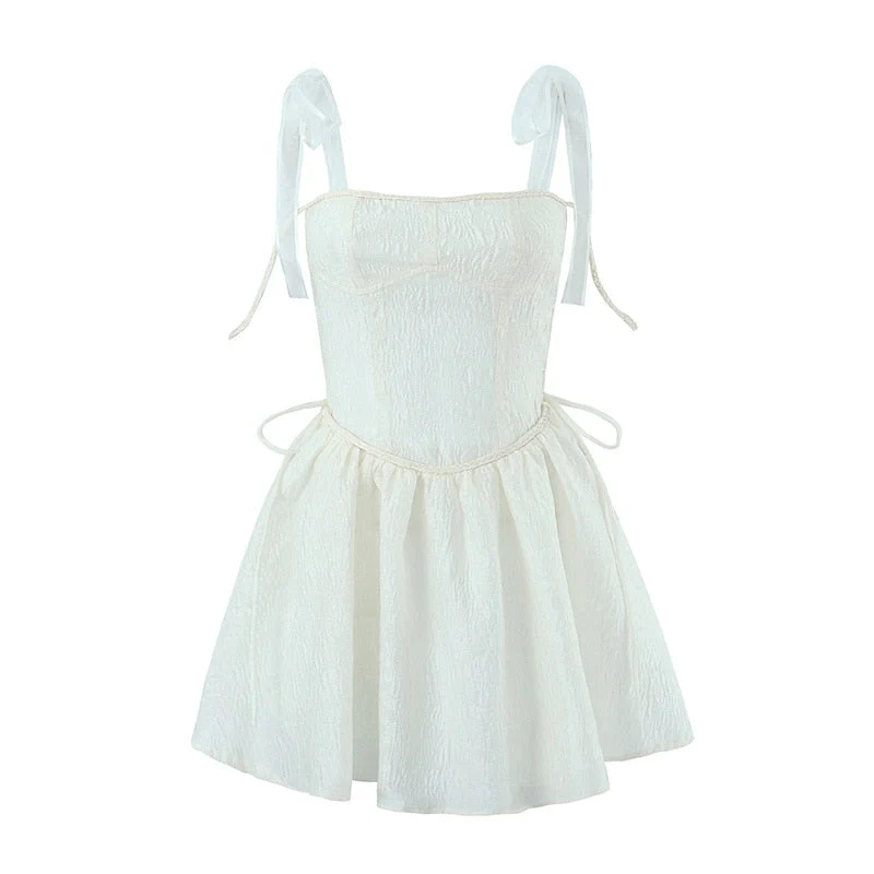 Hulianfu White Strap Dress 2026  Spring Summer New Sexy Holiday Fashion Slim Waist Hollow Tie Short Mini Dress For Women - Deanwangkt