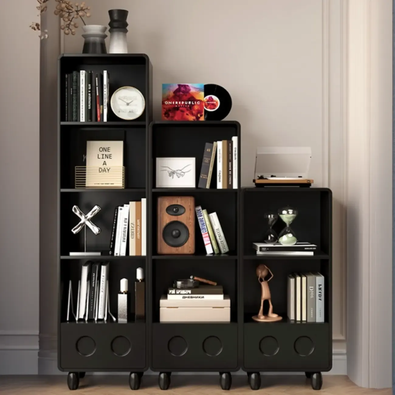 Narrow Black Wood 5-Tier Rolling Bookcase with Drawers