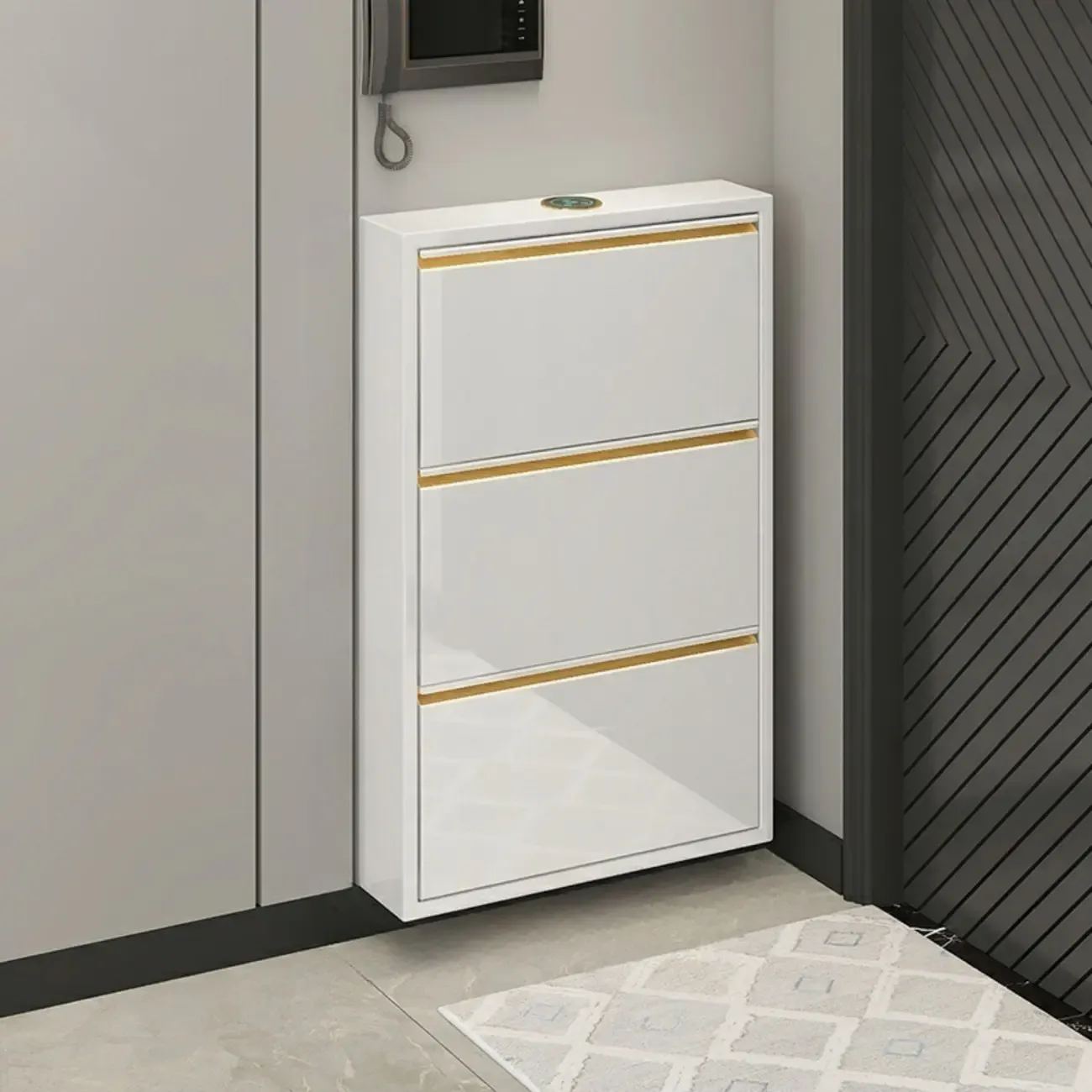 Gloss Black Wall Mounted Wooden Slim Drop Front Shoe Cabinet