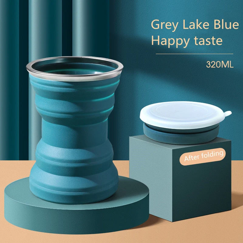 HULIANFU Portable Silicone Folding Water Cup Outdoor Heat Resistant Foldable Mug with Lid Collapsible Travel Drinking Cups for Camping - Deanwangkt
