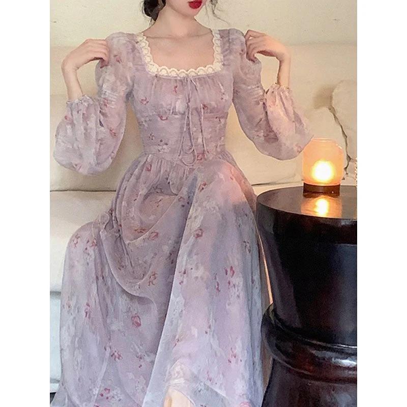 Hulianfu Floral Dress for Women New Fashion Spring Fairycore Square Collar Puff Sleeve Midi Dress Elegant Lace-up Y2k Dress - Deanwangkt
