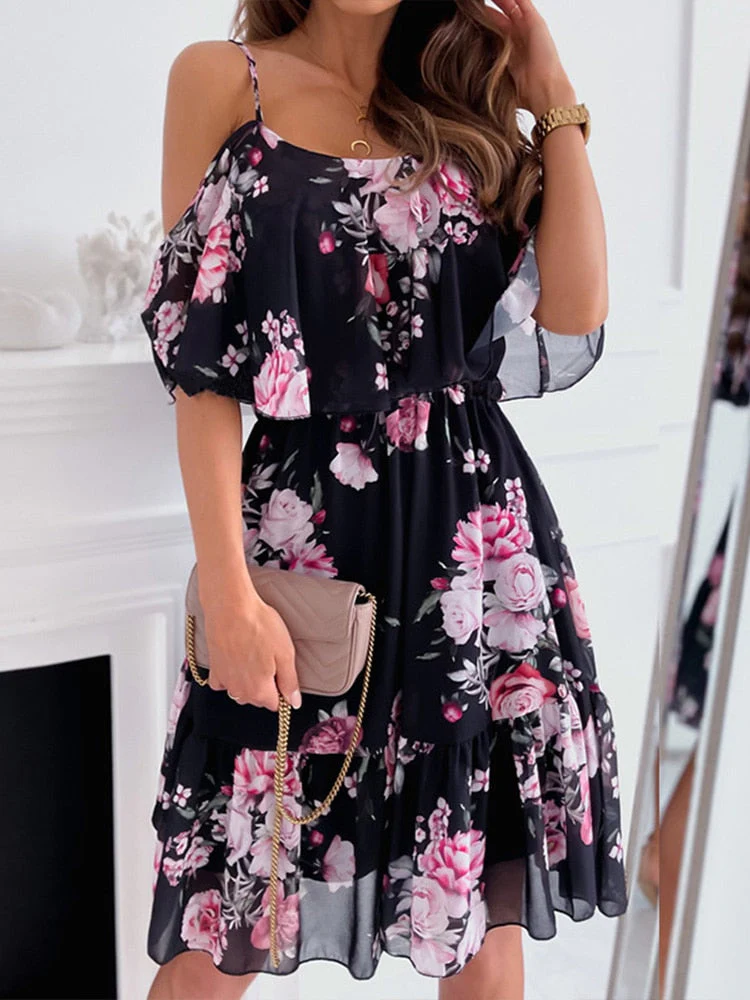 Sexy Floral Print High Waist Ruffle Mini Dress Fashion Sling Off Shoulder Party Dress Women Clothing Elegant Slim Draped Vestido - Deanwangkt