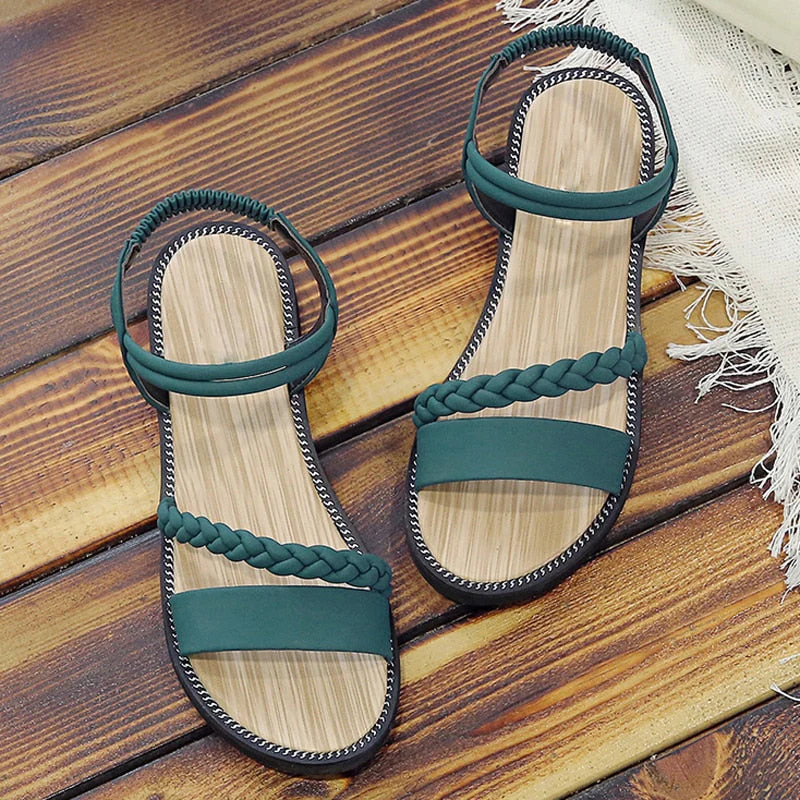 hulianfu Women Casual Ankle Buckle Sandals Rome Style Shoes Summer Fashion Flock Woven Open Toe Narrow Band Flat Beach Sandals - Deanwangkt