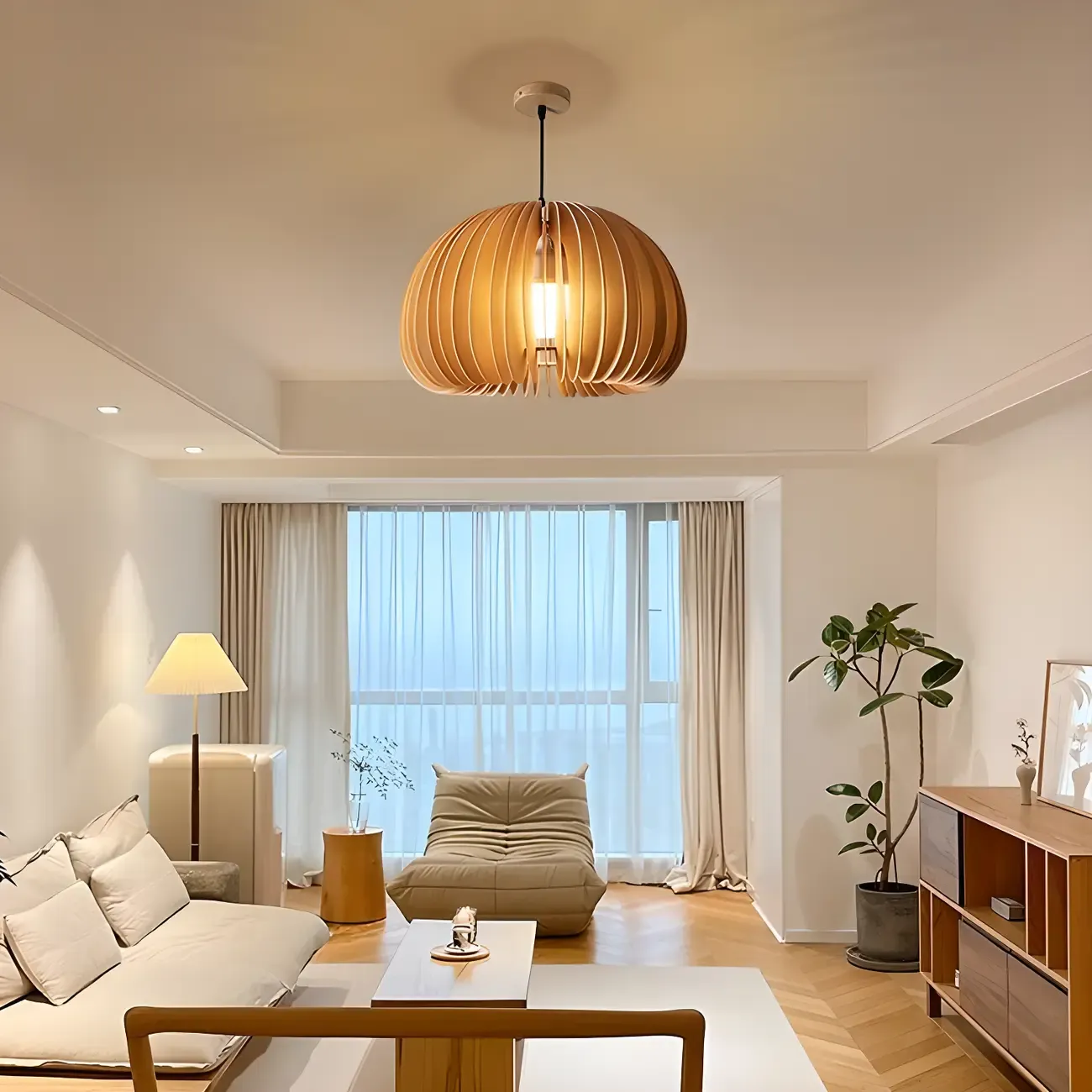 Modern Wood Drum Cord Hanging Pendant Light