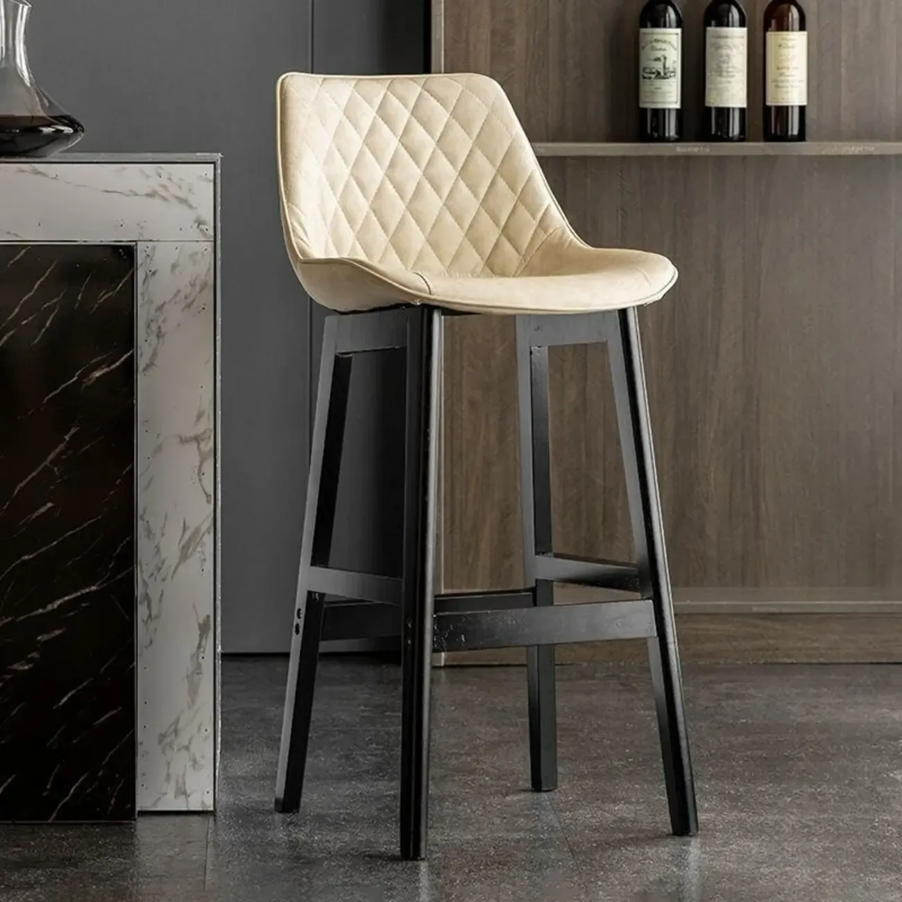 Modern Wood Tufted Upholstered Leather Bar Stool