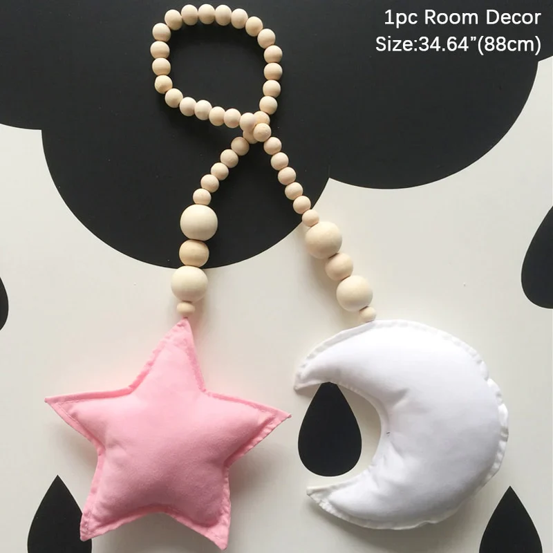 HULIANFU Nordic Boho Room Decor Double Star Moon Wooden Beads Cotton Hanging Wall Decoration Kawaii Kids Baby Bedroom Living Room Decor - Deanwangkt