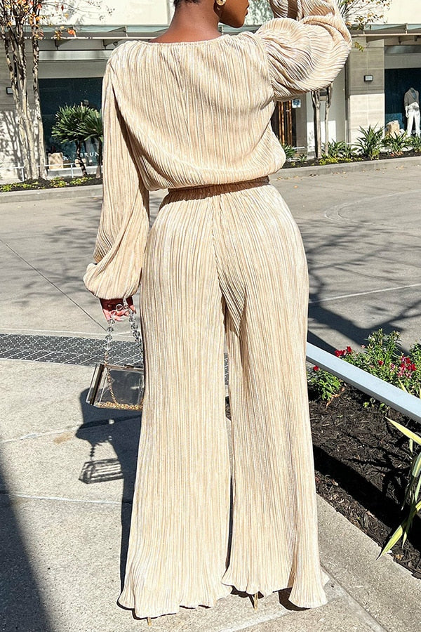 Two Piece Pleated Outfits for Women Casual Crewneck Long Sleeve Loose Fit Top and Wide Leg Palazzo Pant Suit Tracksuit - Deanwangkt