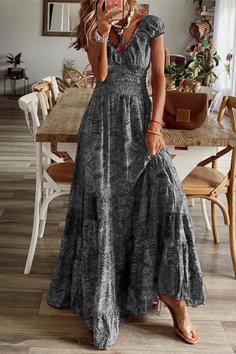 hulianfu - Bohemian College Print Fold V Neck A Line Dresses(6 Colors) - Deanwangkt