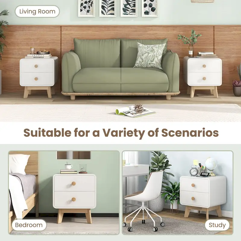 Costway 1/2 PCS Nightstand Mid Century Modern Bedside Table with 2