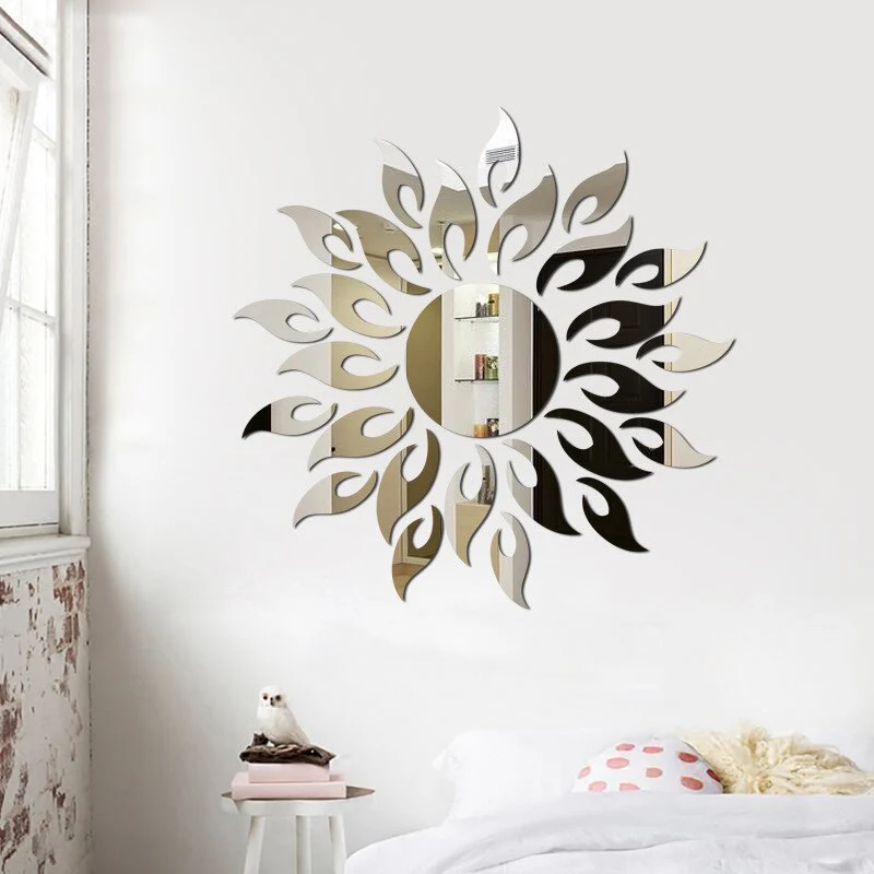 HULIANFU Sun Mirror Wall Sticker DIY Sun Flower Self Adhesive 3D Wall Decal Removable Mural Wallpaper for TV Background Art Home Decor - Deanwangkt