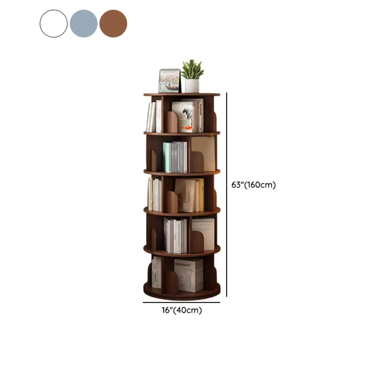 Brown Cylindrical Wooden Rotating Open-Back Bookcase