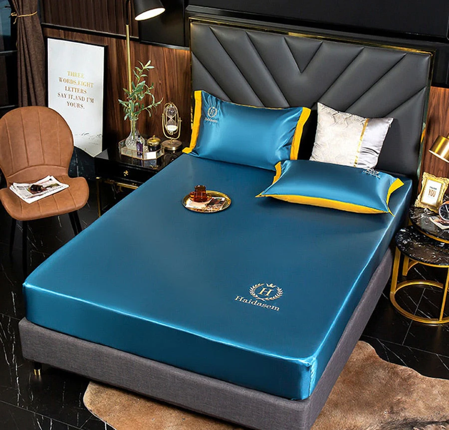 HULIANFU  WOSTAR Luxury ice silk fabrics elastic fitted sheet summer solid bedding mattress protector cover queen king size bed sheet set - Deanwangkt