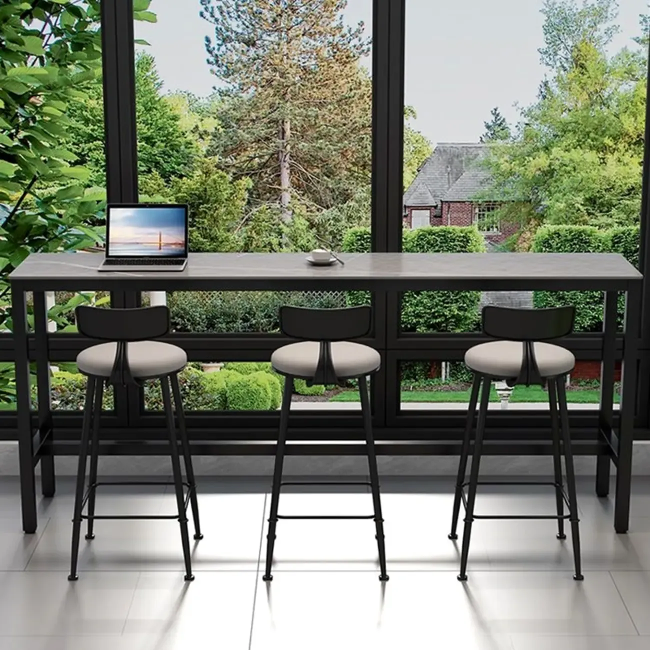 Modern Grey Stone Top Bar Height Table with Trestle Base