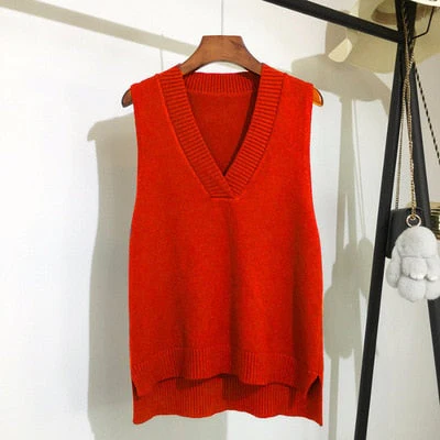 Autumn Women's Sweater Vest V-neck Sleeveless Irregular Casual Loose Knitted Pullover Tops Female Outerwear - Deanwangkt