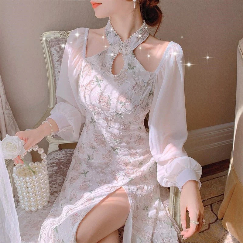 Hulianfu Elegant Vintage Cheongsam Dress Women Patchwork Floral Korean Split Party Dress Lady Casual Design Long Sleeve Fairy Midi Dress - Deanwangkt