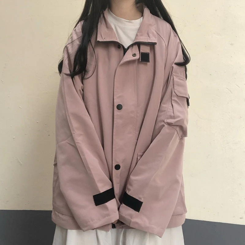 Basic Jackets Women Chic All-match Retro Solid Zipper Design Ulzzang Lovely Fashion Teens Overcoats Daily Vintage Womens Outwear - Deanwangkt