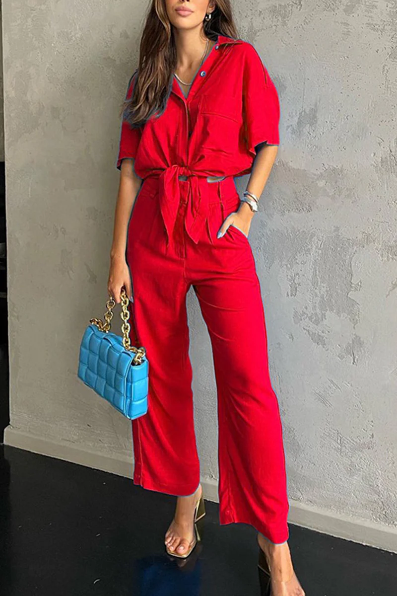 hulianfu Fashion Solid Patchwork Turndown Collar Short Sleeve Two Pieces - Deanwangkt