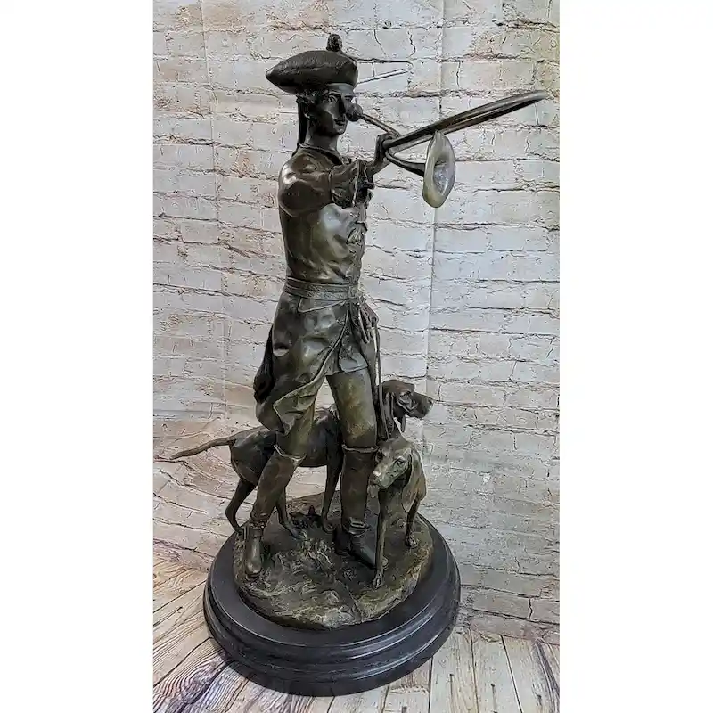 Military Bugler With Hound Imitative Dogs Bronze Statue Sculpture On Marble Base 26 Inches X 19 Inches