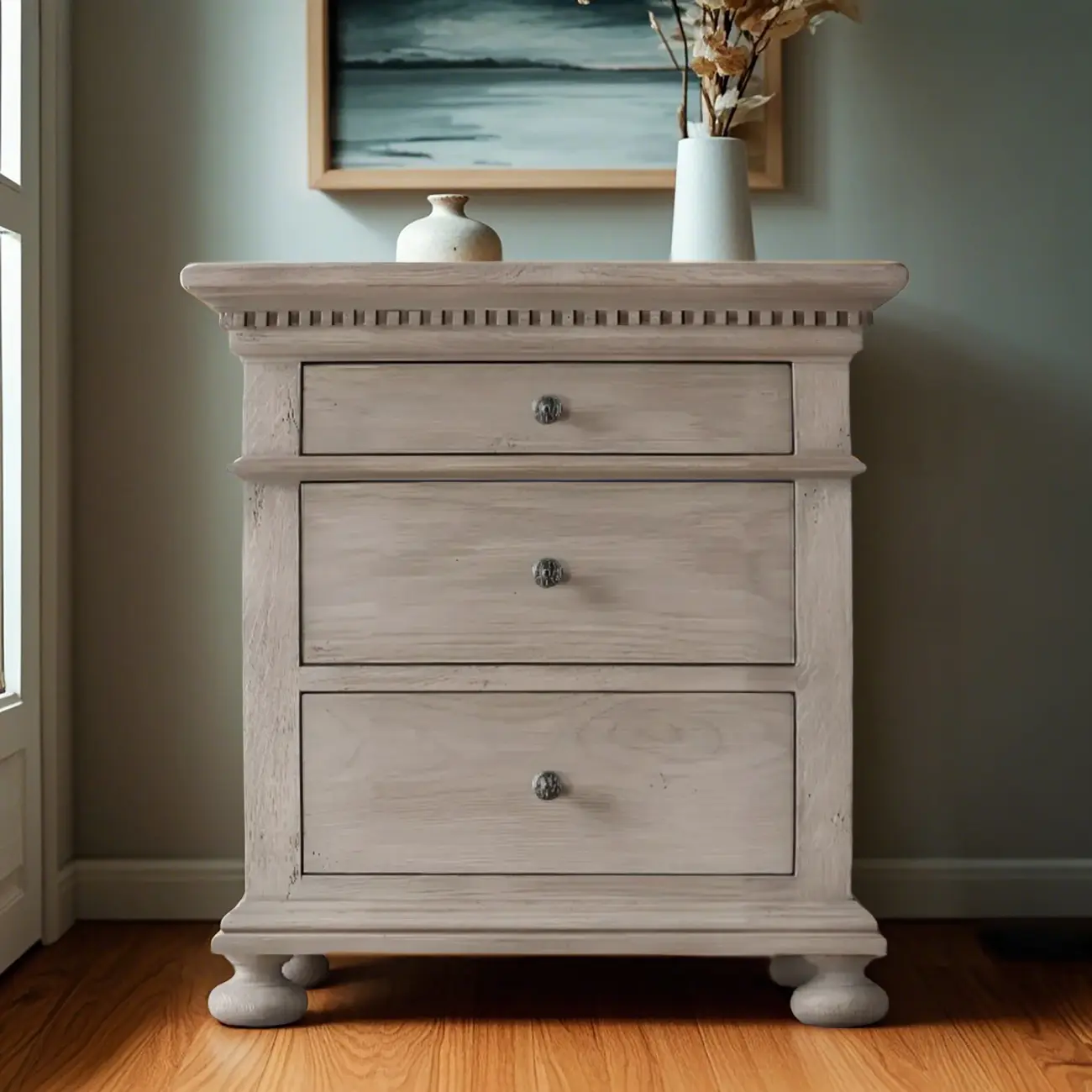 Traditional Grey Wooden Bedside Table with 3 Drawers Storage