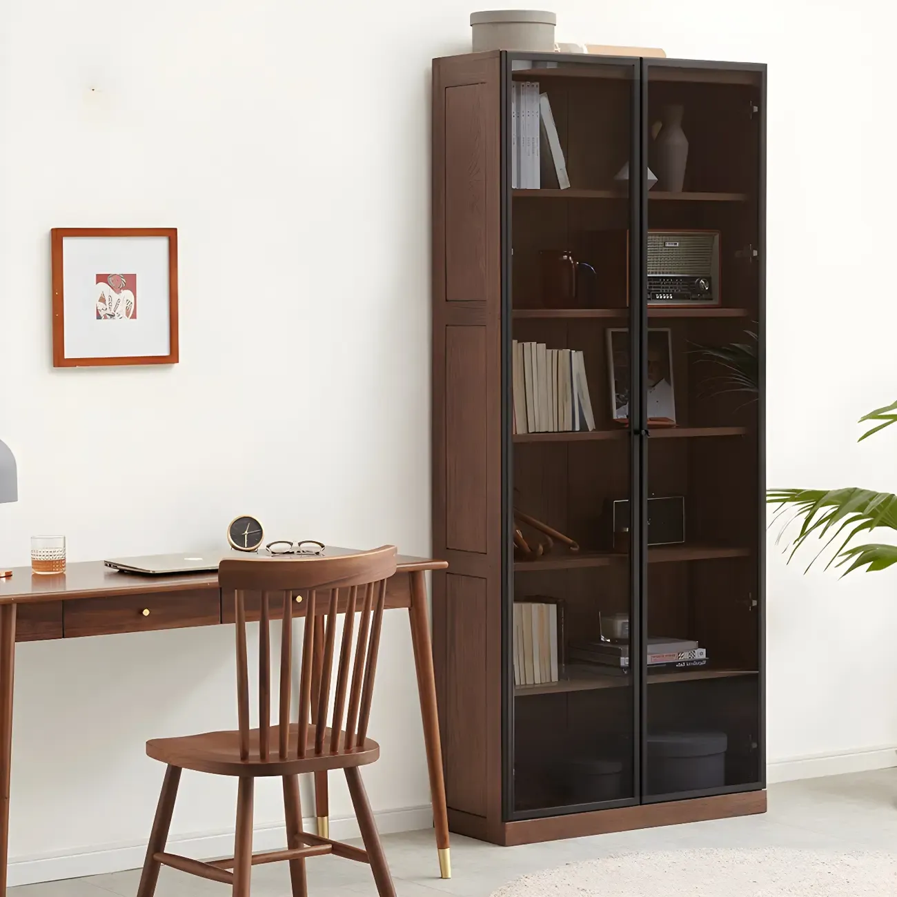 Adjustable Shelves Glass Solid Wood Display Wine Cabinet