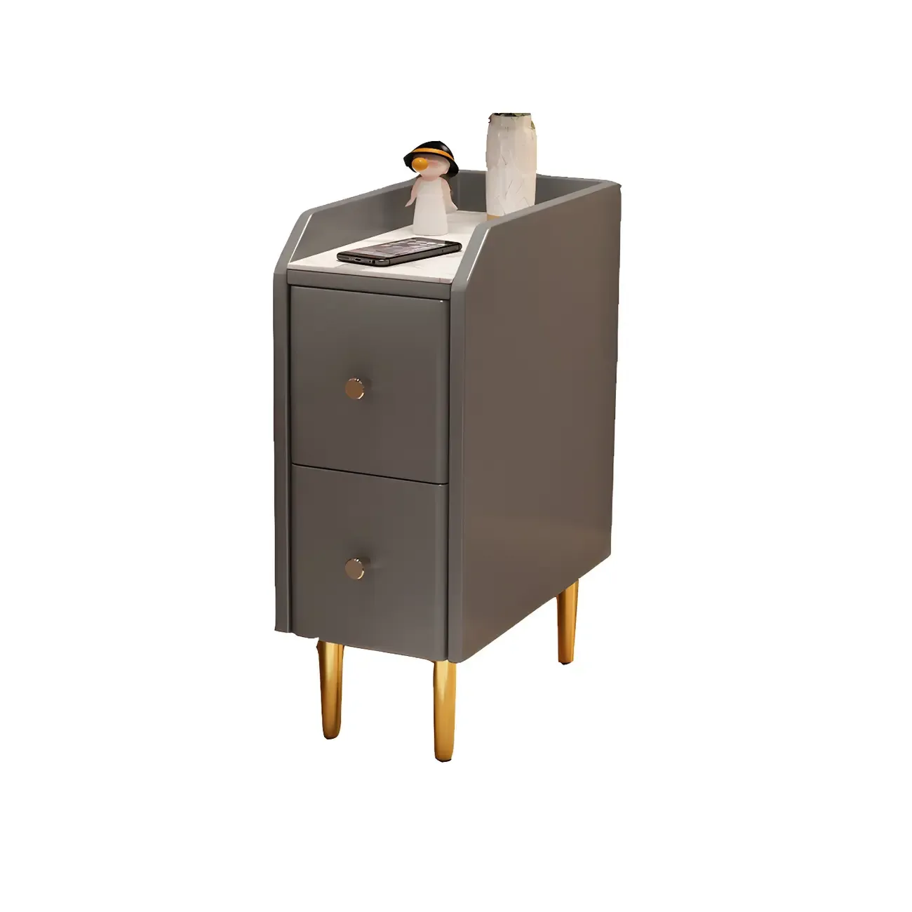 Narrow Faux Leather Drawer Nightstand with Stone Countertop