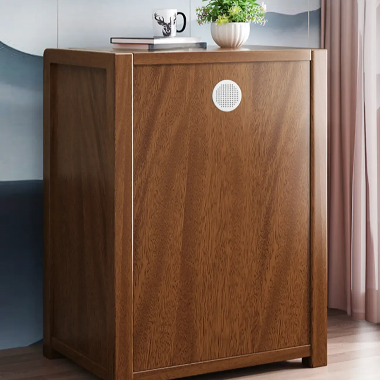 Freestanding Mid-Century Brown Solid Wood Cabinet with Drawers