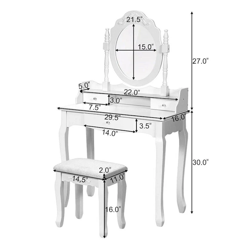 Costway White Vanity Wood Makeup Dressing Table Stool 3 Drawer
