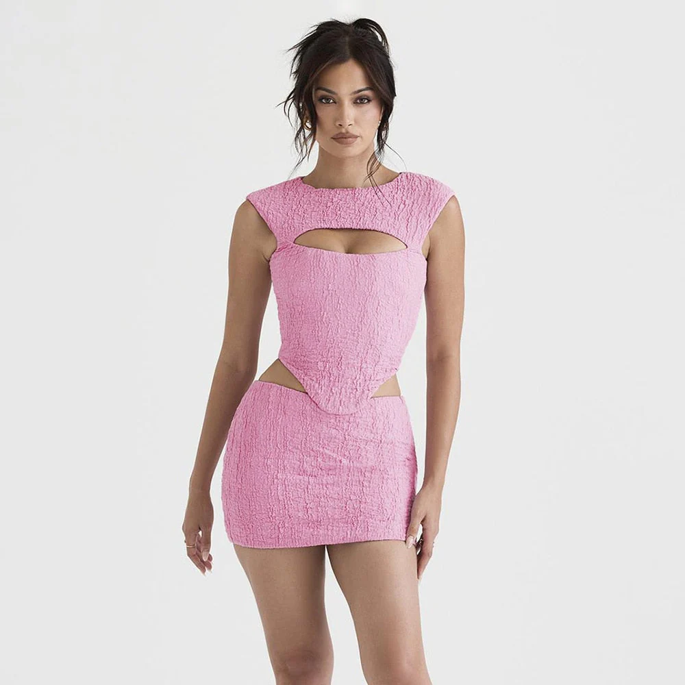 Hulianfu Pink Sleeveless 2 Piece Dress Set Sexy Cut Out Holiday Party Dresses Casual Cropped Top and Mini Skirt Women - Deanwangkt