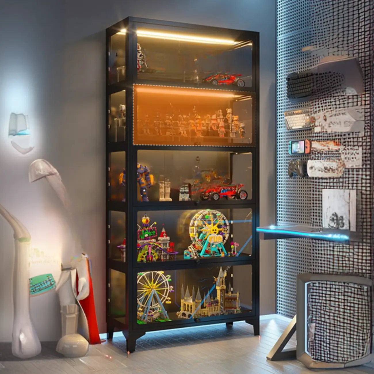 Modern 5 Shelves Glass Display Cabinets with LED Lighting