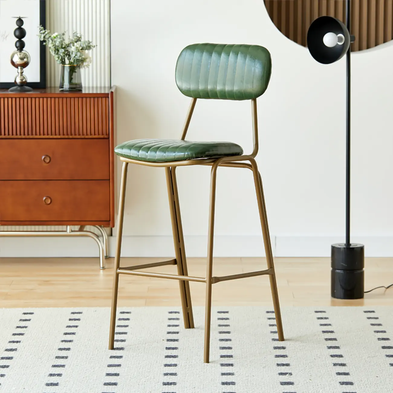 Mid Century Modern Leather Gold Frame Bar Stools with Backs