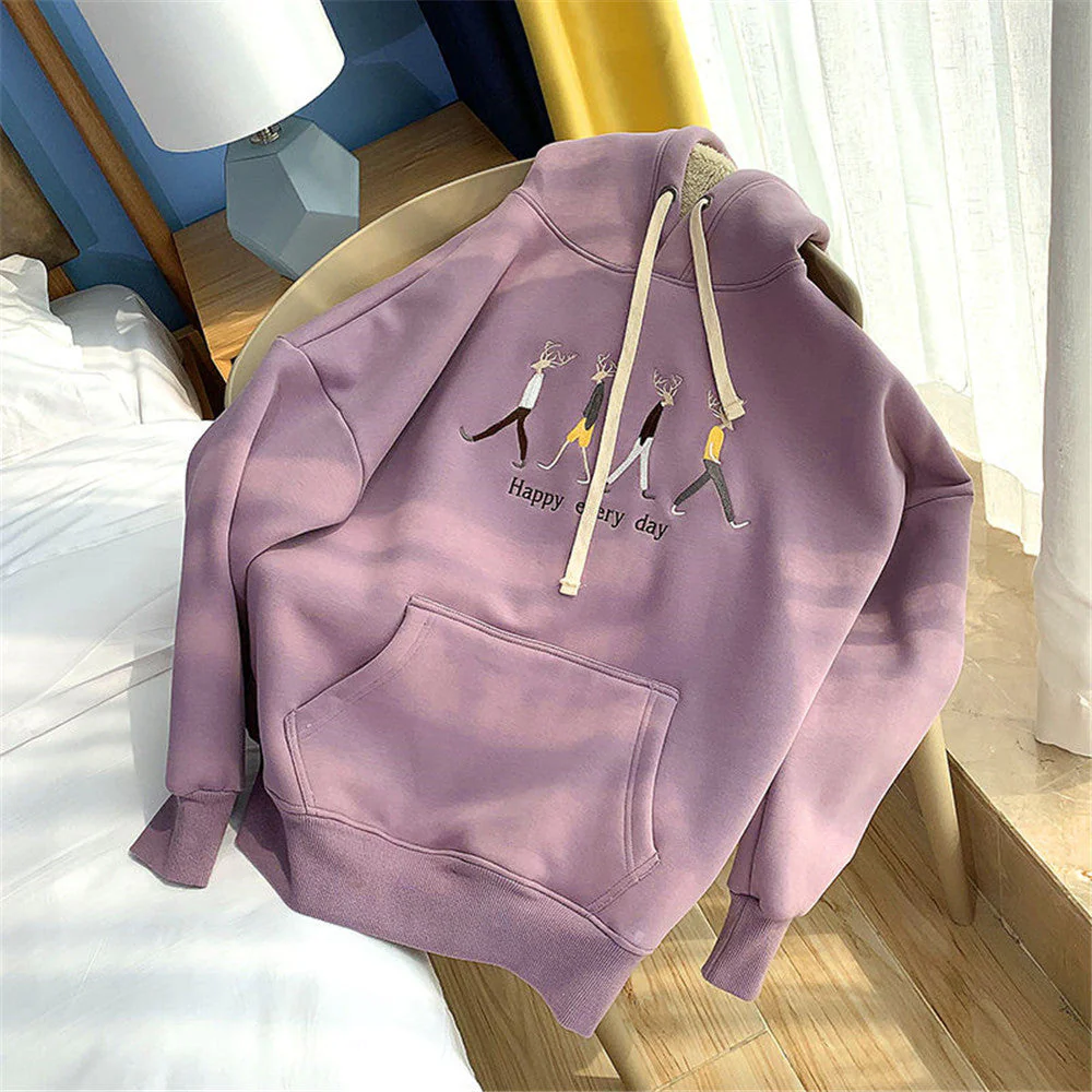 hulianfu Jacket women solid color hoodies autumn winter imitation lamb wool korean loose plus velvet thick zipper sweatshirt tops - Deanwangkt