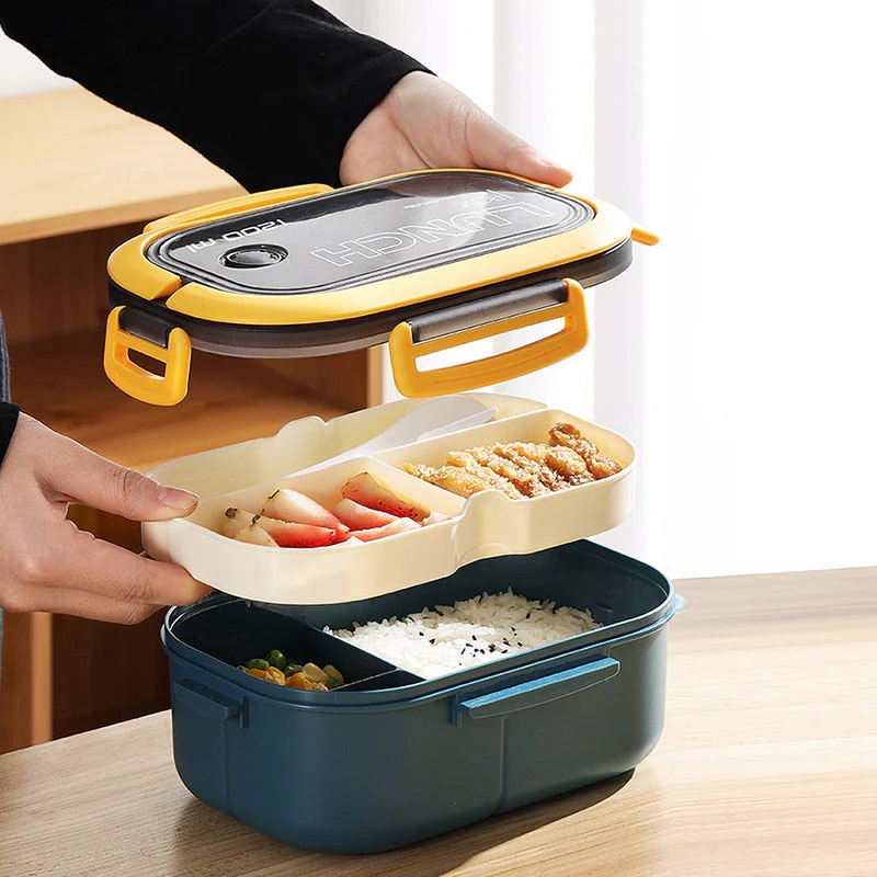 HULIANFU Lunch Box 2 Layers Grids Student Office Worker Microwave Hermetic Bento Box Outdoor Picnic Fruit Food Container with Fork Spoon - Deanwangkt