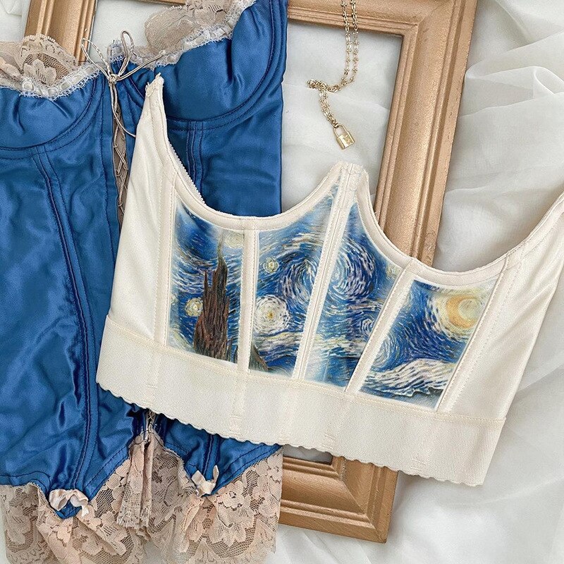 Townlike Summer  Waist Oil Painting Waist Seal Corset Slim Sexy Crop Top Women Short Bandage Corset Top With Fishbone - Deanwangkt