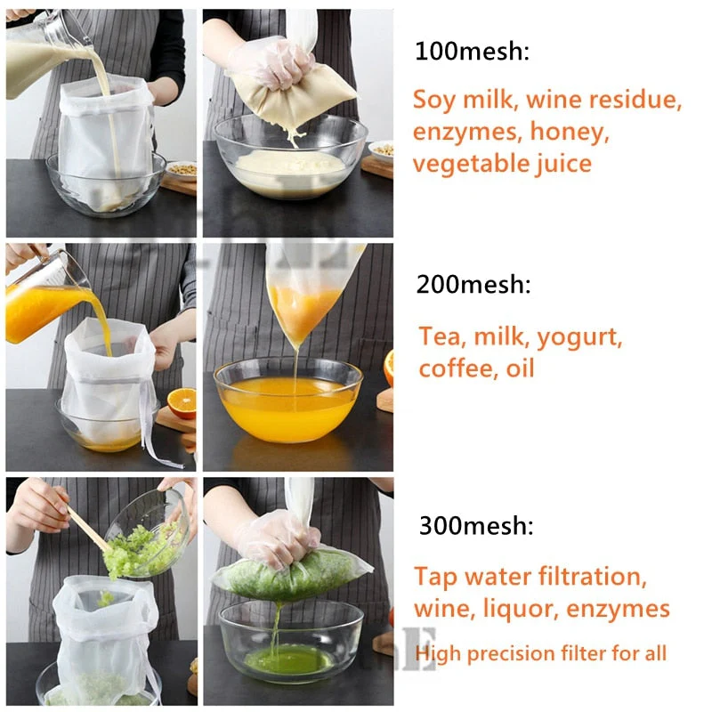 HULIANFU Soy Milk Wine Filter Bag Nut Milk Bag Tea Coffee Oil Yogurt Filter Net Mesh Kitchen Food Reusable Nylon Filter Bags Strainer - Deanwangkt