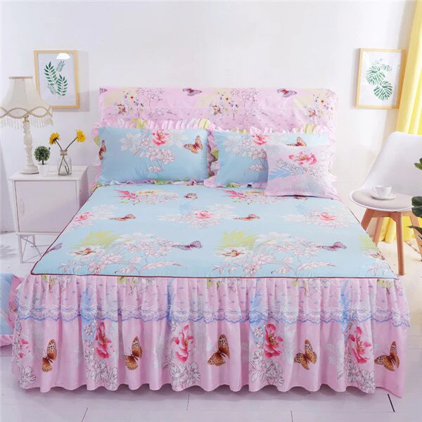 HULIANFU  3pcs set Elegant floral bed skirt skin-friendly cotton lace bedding home decor bedspreads queen pink king size bed cover - Deanwangkt