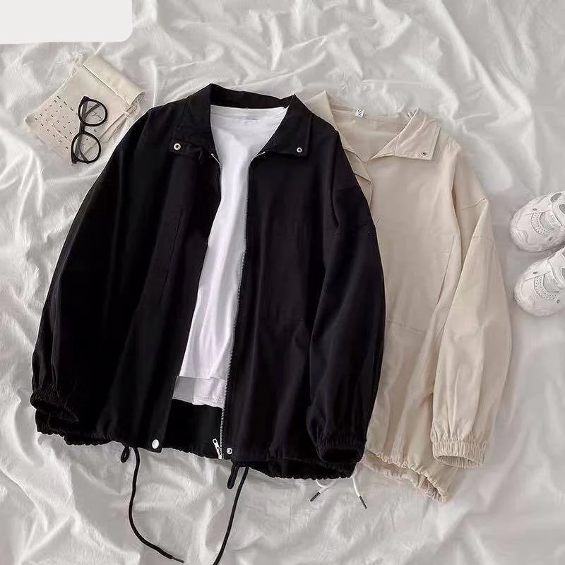 Hulianfu Women Basic Jackets Turn Down Collar Zipper Harajuku Elastic BF Chic Ulzzang Loose Korean Style Cool Streetwear Casual Outerwear - Deanwangkt