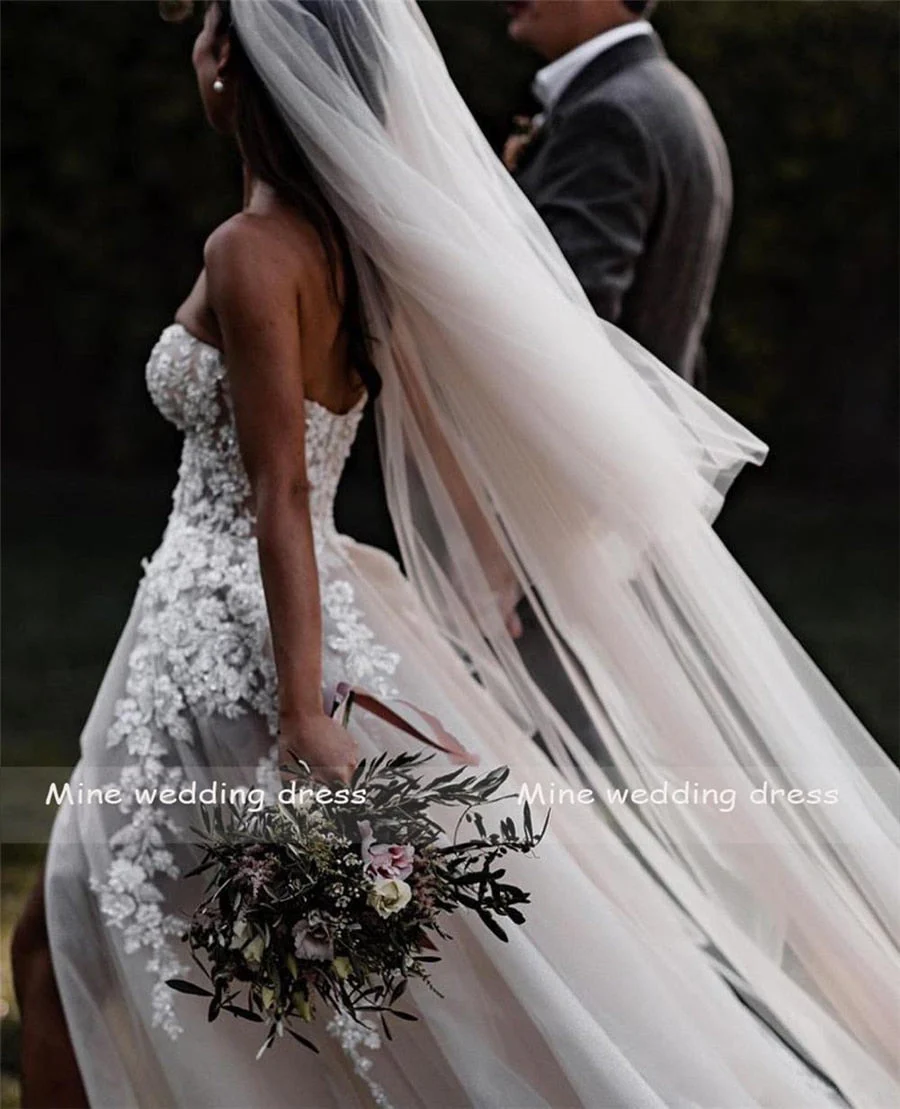 hulianfu Sheer Lace 3D Flowers Applique Wedding Dresses Strapless Split Tulle Dark Grey Silver Beach Boho Bridal Gowns with Crystals - Deanwangkt